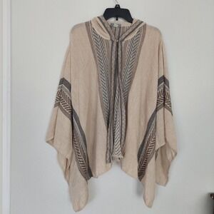MFH Knits Baby Alpaca Hooded Poncho Cape‎ Beige Aztec Geometric Neutral Os